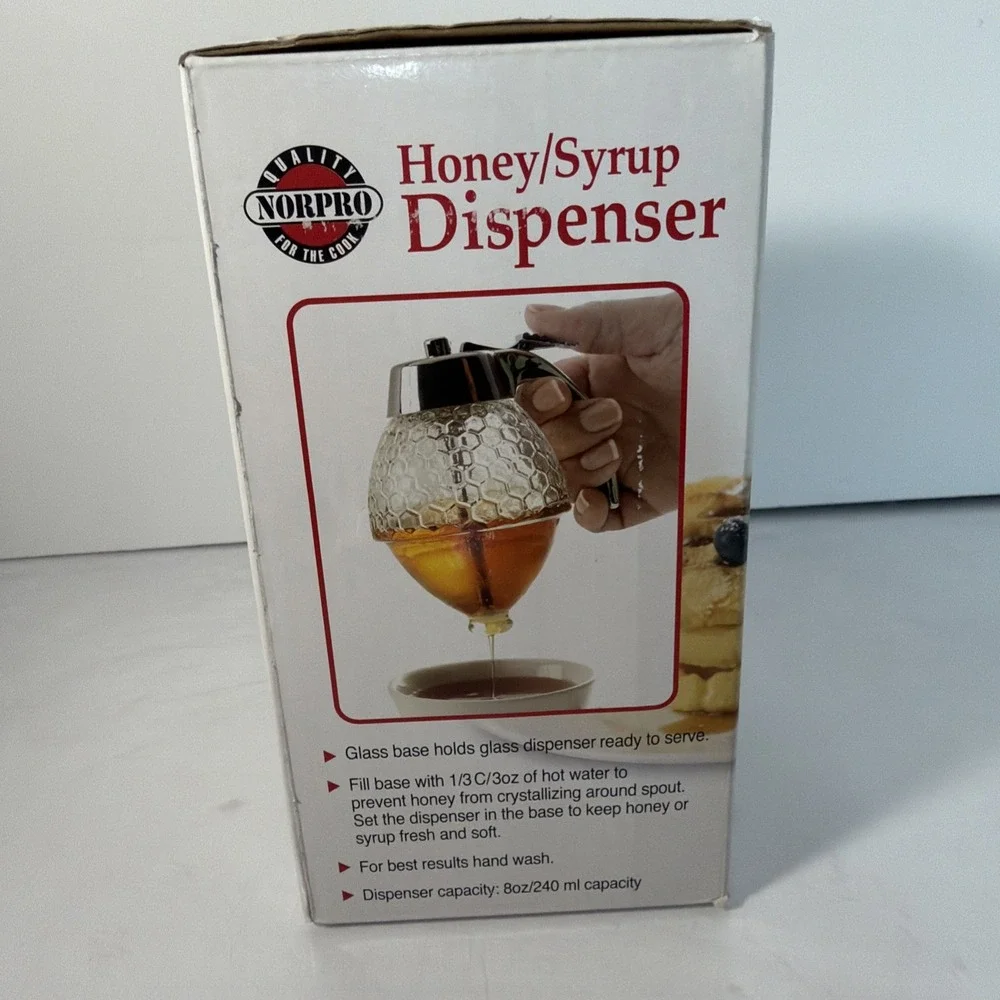 Norpro Honey /Syrup Dispenser Glass Bee Hive 8 oz jar w/sliver Trigger & stand